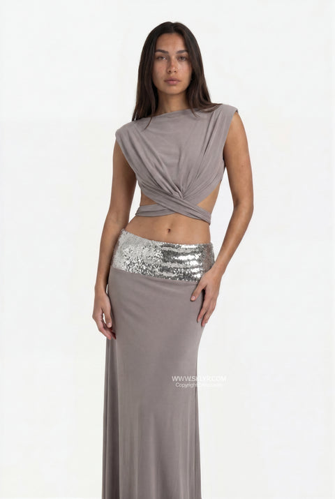 Taupe Top & Midi Skirt Set