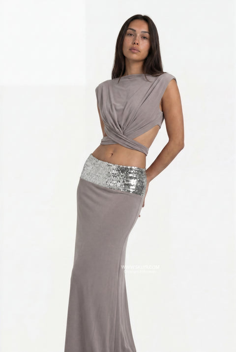 Taupe Top & Midi Skirt Set