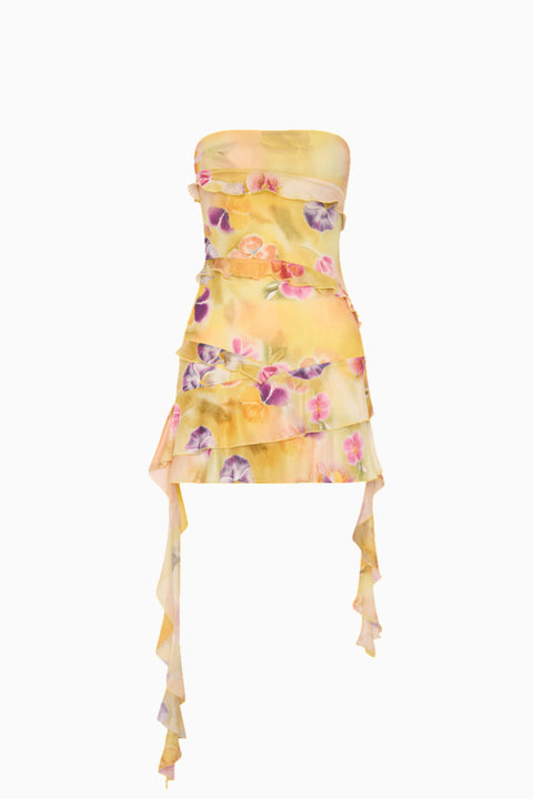 Yellow Floral Strapless Ruffled Mini Dress
