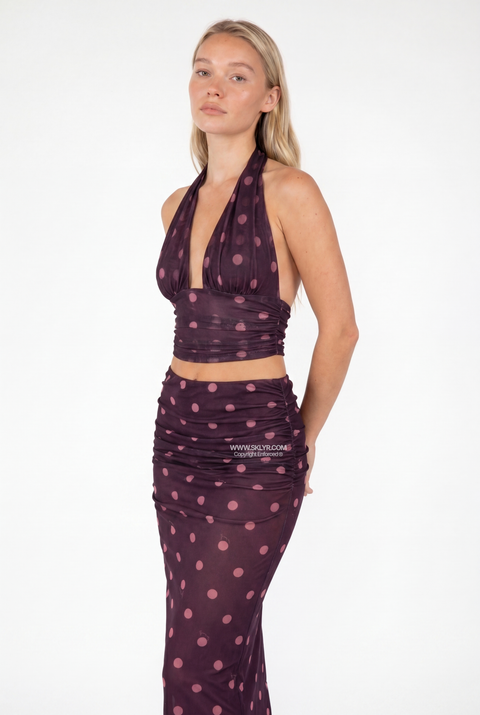 Mesh Polka Dot Halter Crop Top & Skirt Set
