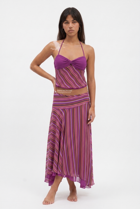 Sheer Stripe Twist-Bust Top & Skirt Set