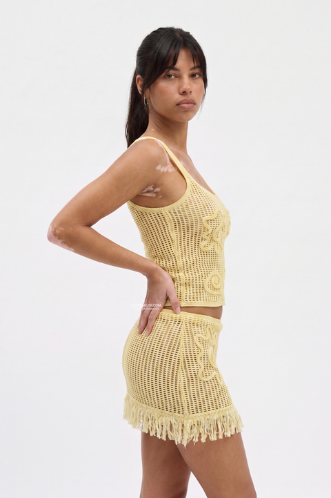 Yellow Fringed Crochet Swirl Two-Piece Set