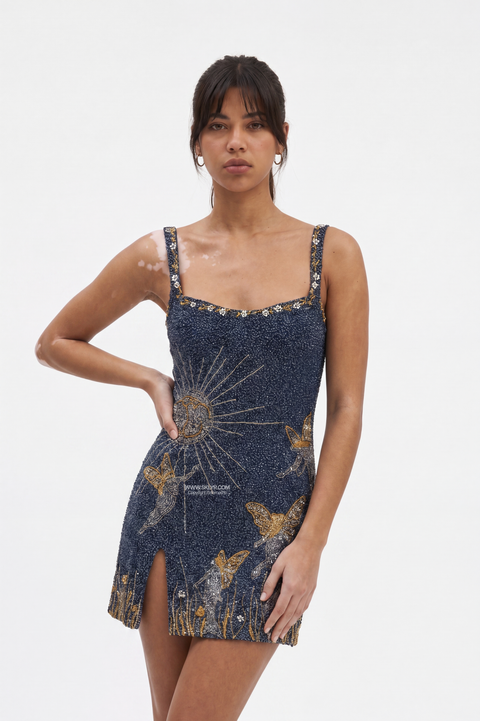 Navy Celestial Beaded Mini Dress