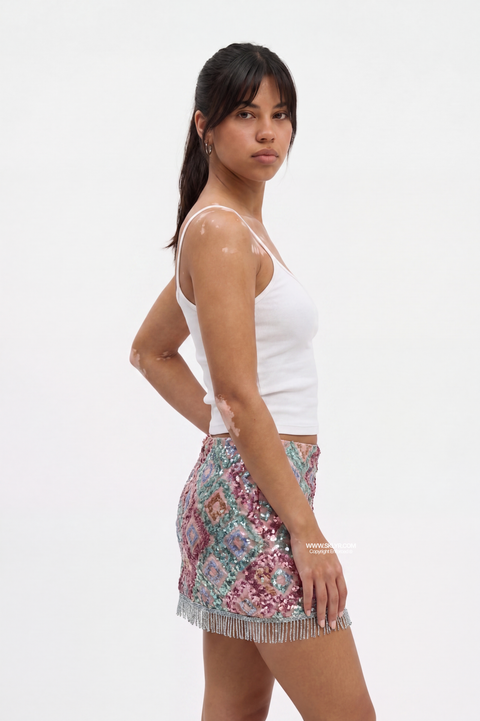 Geometric Diamond Sequin Fringe Mini Skirt
