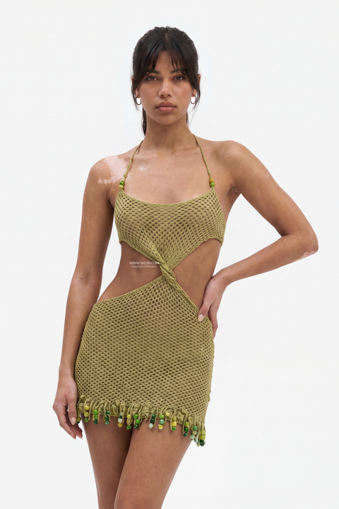 Olive Green Crochet Cut-Out Mini Dress