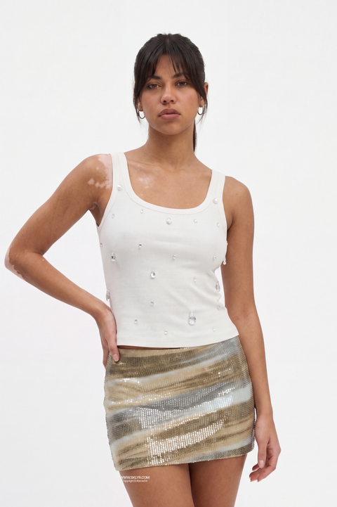 White Teardrop Crystal Embellished Ribbed Tank Top