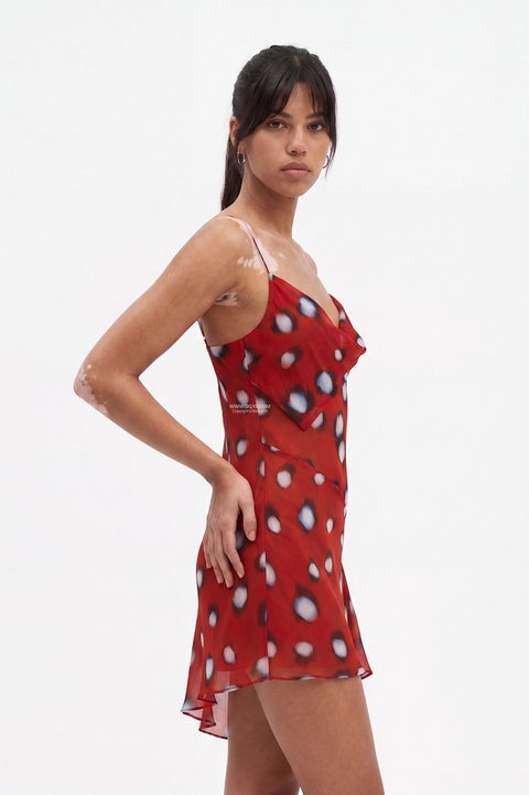 Red Abstract Spot Cowl Neck Mini Dress