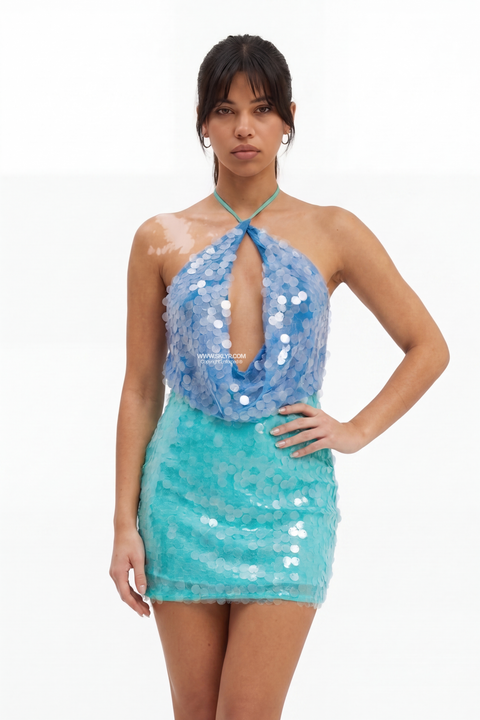 Blue and Aqua Two-Tone Sequin Mini Dress