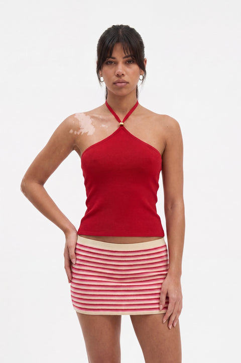 Red Halter Top and Striped Mini Skirt Set
