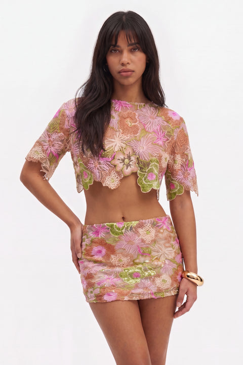 Floral Embroidered Mesh Crop Top and Mini Skirt Set
