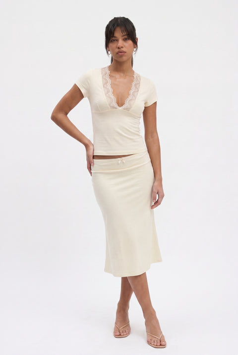 Soft Yellow Plunge Lace Detail Top and Midi Skirt Set