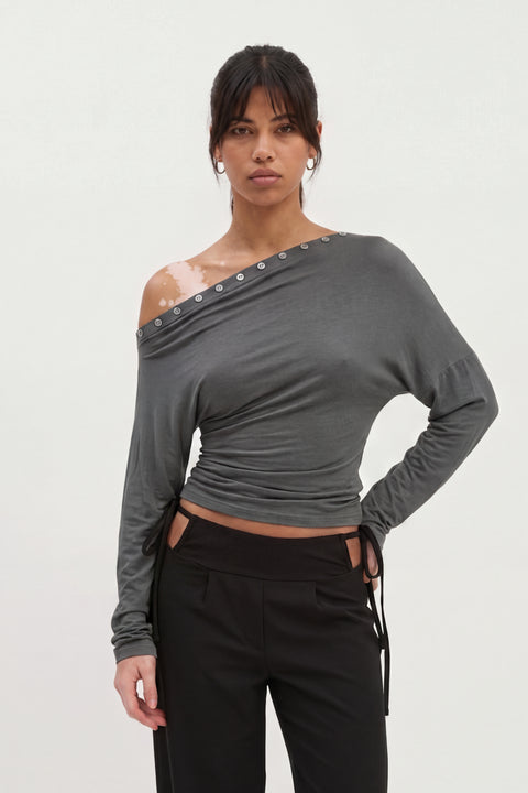One-Shoulder Grommet Detail Long Sleeve Top