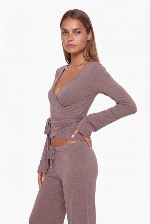 Ribbed Knit Wrap Top & Wide-Leg Pants Lounge Set