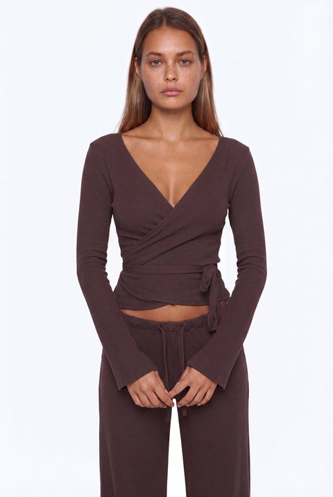 Ribbed Knit Wrap Top & Wide-Leg Pants Lounge Set