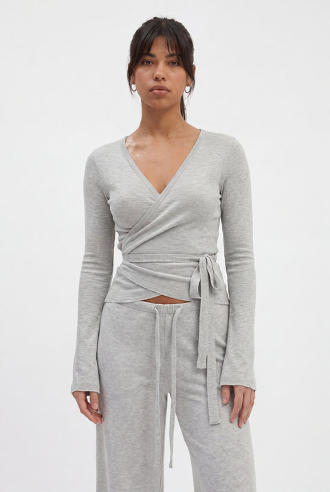 Ribbed Knit Wrap Top & Wide-Leg Pants Lounge Set