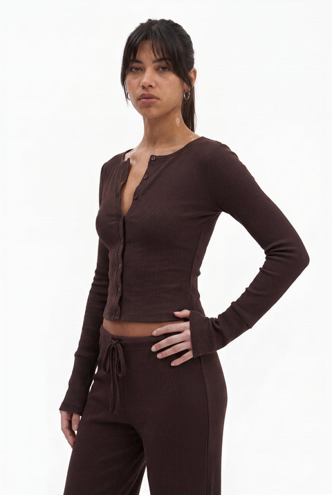 Ribbed Button-Up Top & Drawstring Wide-Leg Lounge Set