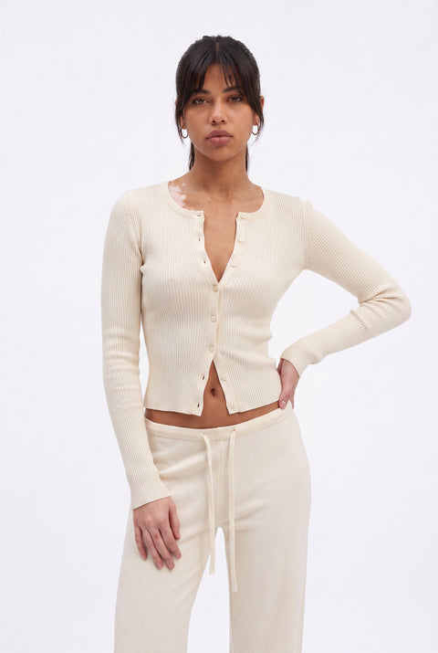 Ribbed Button-Up Top & Drawstring Wide-Leg Lounge Set