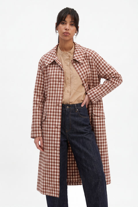 Brown and White Gingham Longline Trench Coat