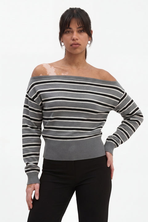Multicolor Striped Off-the-Shoulder Knit Sweater