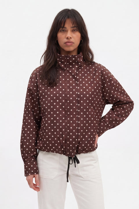 Brown Polka-Dot Stand-Collar Funnel Neck Jacket