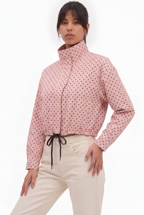 Brown Polka-Dot Stand-Collar Funnel Neck Jacket