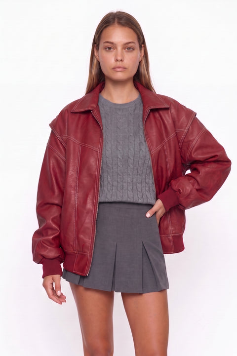 Oversized Crimson Contrast-Stitch Bomber Jacket