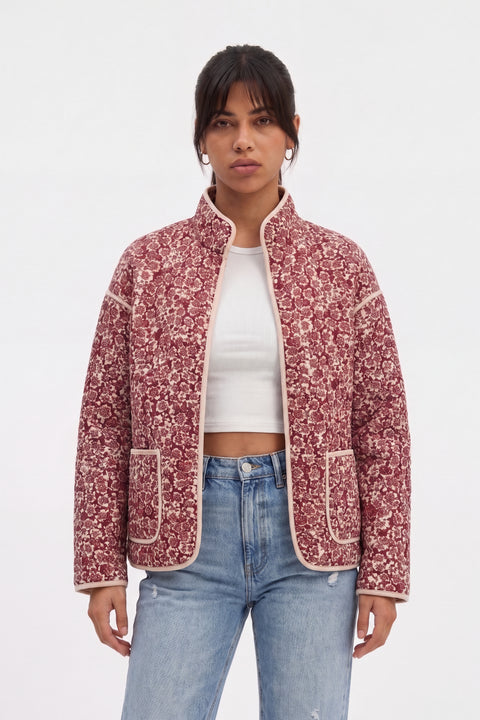 Quilted Floral Print Jacket with Contrast Piping