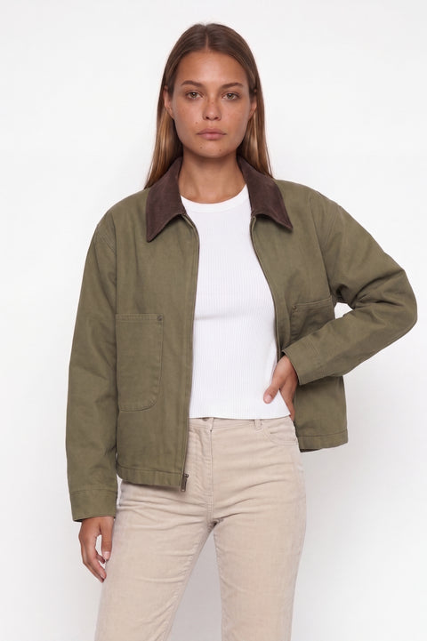 Corduroy-Collared Olive Work Jacket