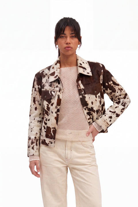 Bold Cow-Print Leather Trucker Jacket