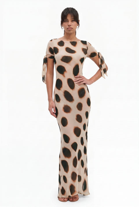 Spotted Mesh Tie-Sleeve Maxi Dress