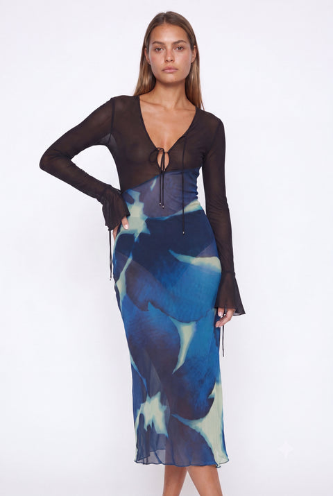 Blue Lagoon Floral Mesh Tie-Front Maxi Dress