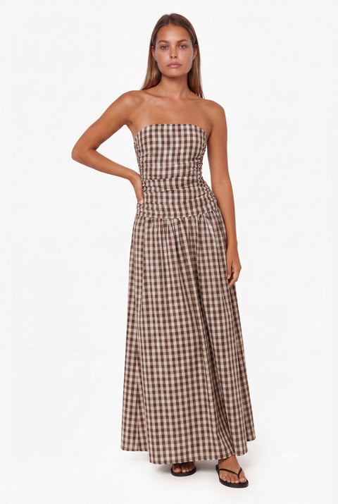 Brown Gingham Strapless Maxi Dress