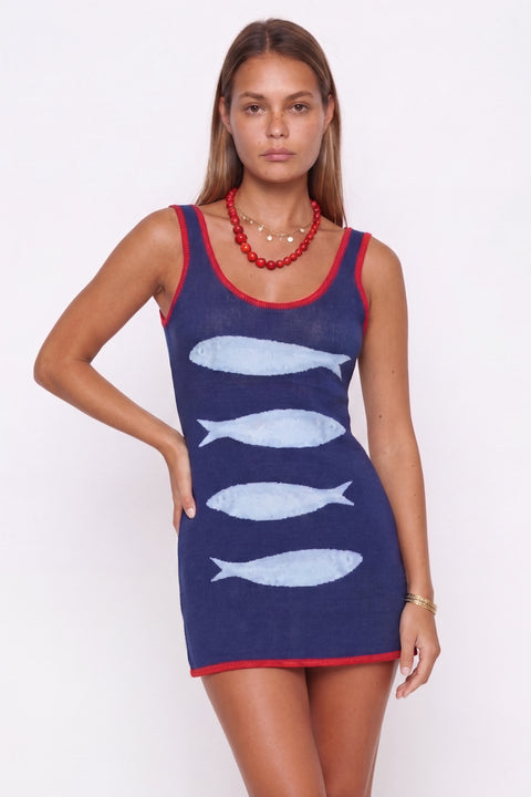 Sardine Print Knit Mini Dress