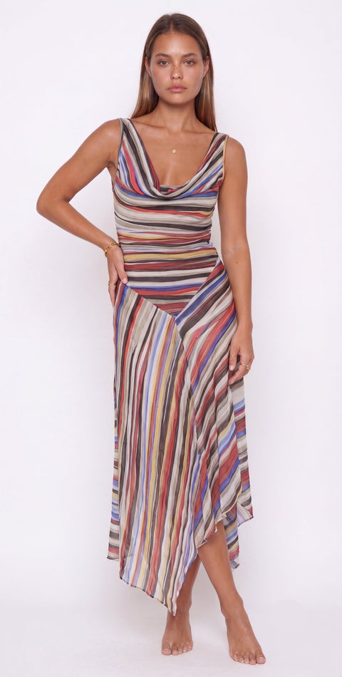 Multicolored Stripe Bias-Cut Midi Dress