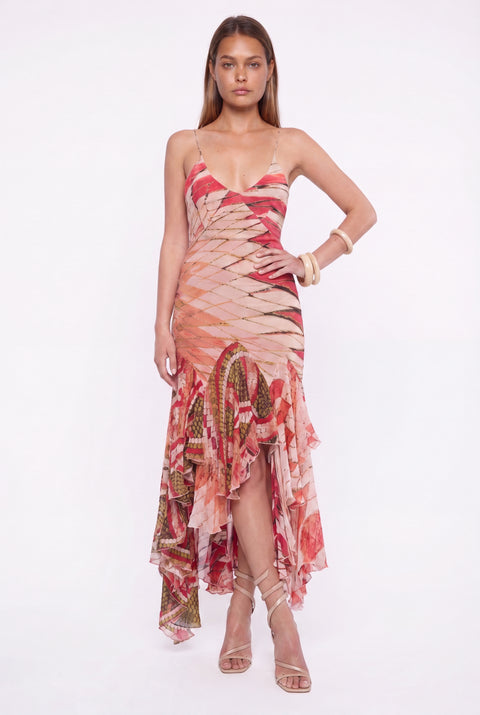 Pink Geometric Print Ruffle Midi Dress