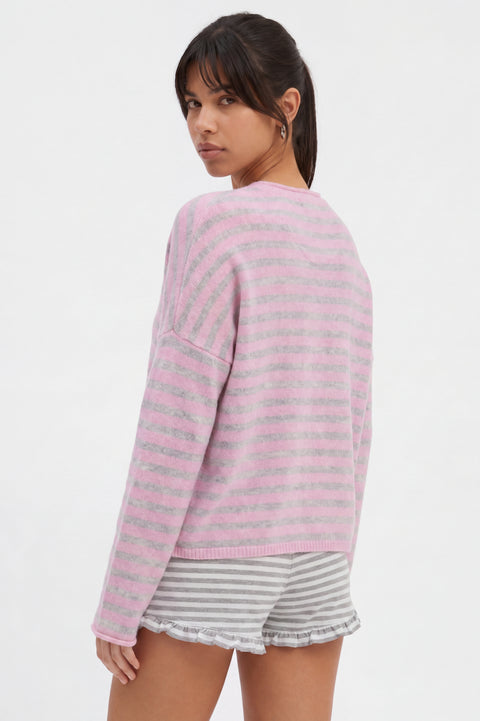 Cozy Striped Cashmere-Blend Cardigan Pink & Grey