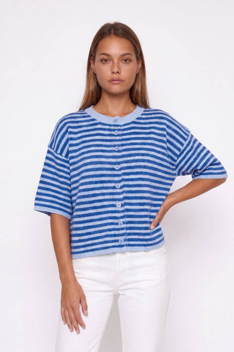 Oversized Blue Striped Short Sleeve Knit Cardigan