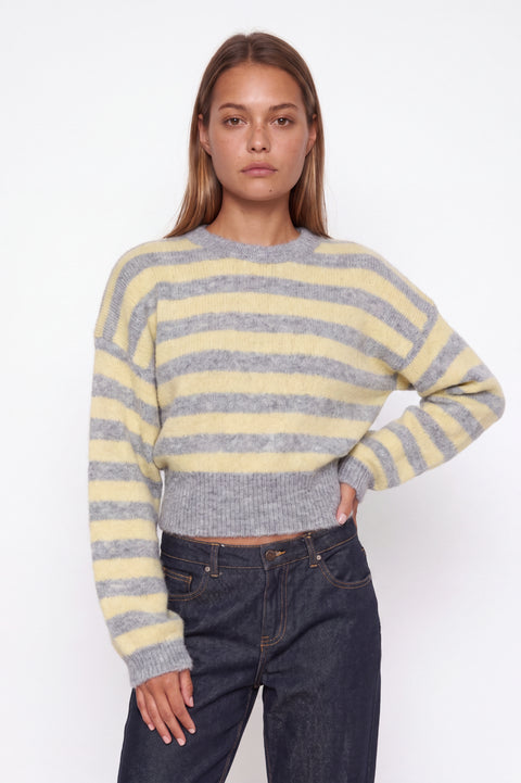 Cropped Grey and Yellow Striped Fuzzy Knit Sweater