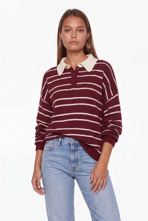 Oversized Burgundy Striped Polo Knit Sweater
