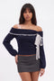 Navy Blue Off-the-Shoulder Knit Sweater