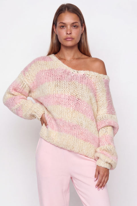 Chunky Striped Off-the-Shoulder Knit Sweater