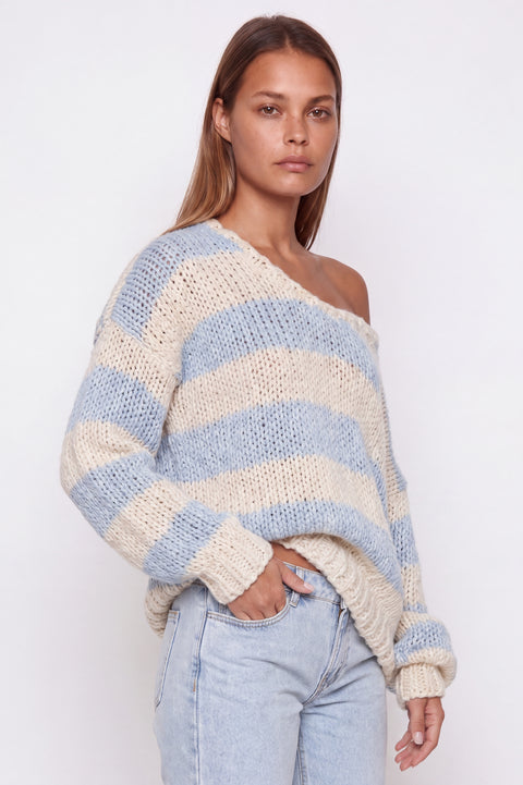 Chunky Striped Off-the-Shoulder Knit Sweater