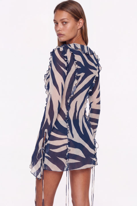 Sheer Zebra Print Ruffle Mini Dress