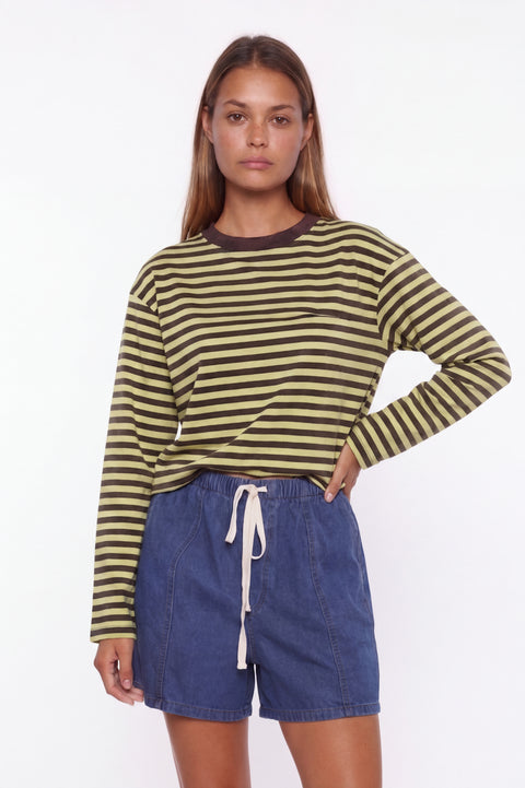 Pink and Brown Striped Long-Sleeve Crewneck Top