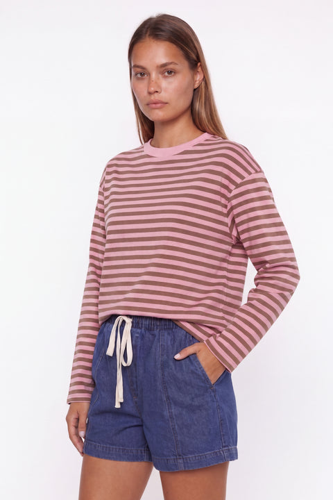 Pink and Brown Striped Long-Sleeve Crewneck Top