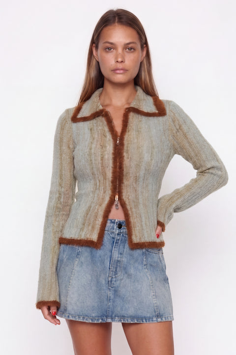 Faux Fur Trim Knit Zip-Up Cardigan