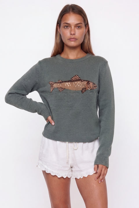 Sage Green Trout Intarsia Knit Sweater