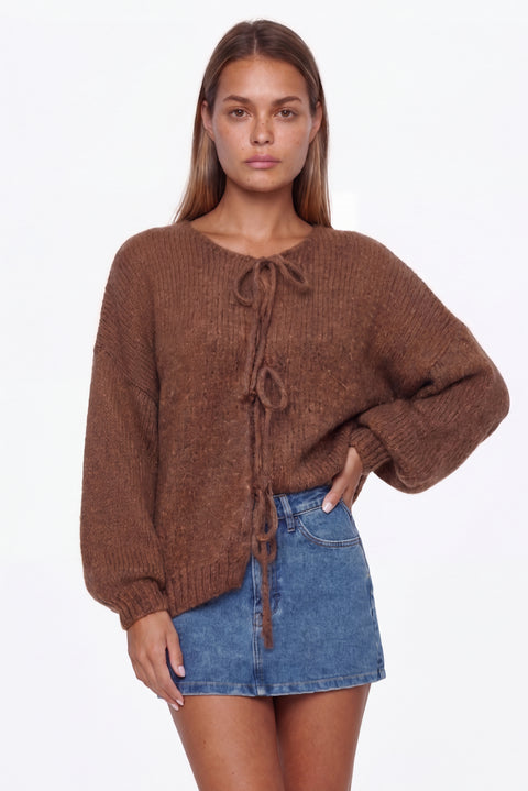 Brown Tie-Front Knit Cardigan