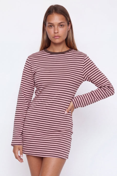Pink and Brown Striped Long-Sleeve Mini Dress