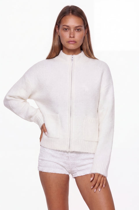 Cream Ribbed Zip-Up Knit Cardigan